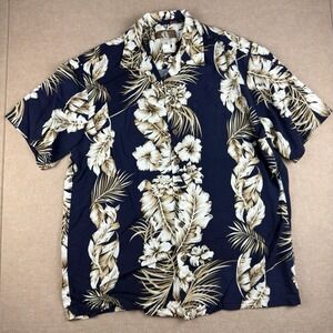 Vintage Kalaheo Hawaiian Shirt Men M Navy Tan Floral Aloha Button Front USA Made